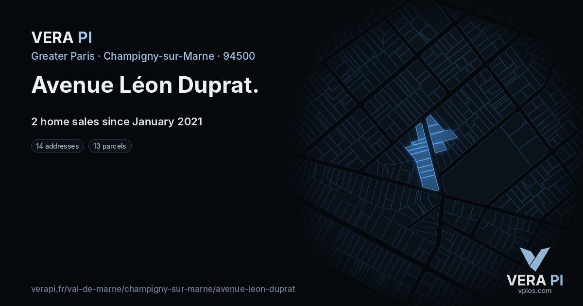 Avenue Léon Duprat, Champigny-sur-Marne at night – every parcel coloured by the prices around it, the street's own parcels lit