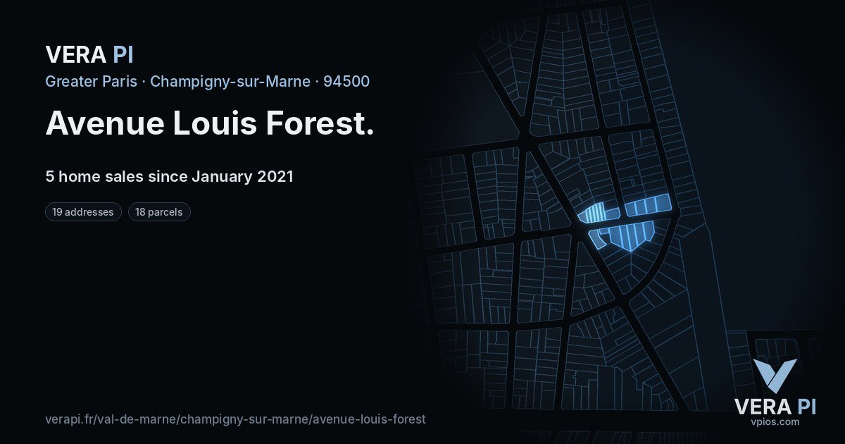 Avenue Louis Forest, Champigny-sur-Marne at night – every parcel coloured by the prices around it, the street's own parcels lit