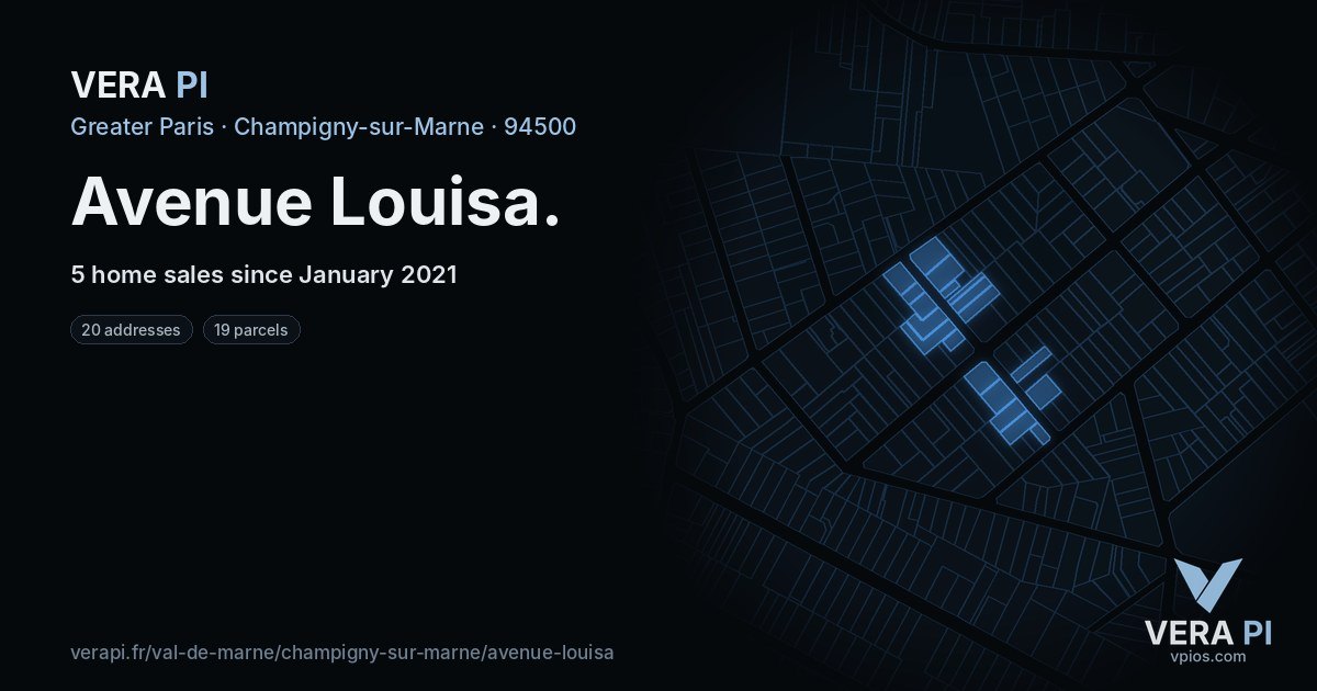 Avenue Louisa, Champigny-sur-Marne at night – every parcel coloured by the prices around it, the street's own parcels lit