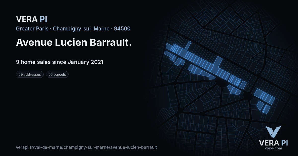 Avenue Lucien Barrault, Champigny-sur-Marne at night – every parcel coloured by the prices around it, the street's own parcels lit