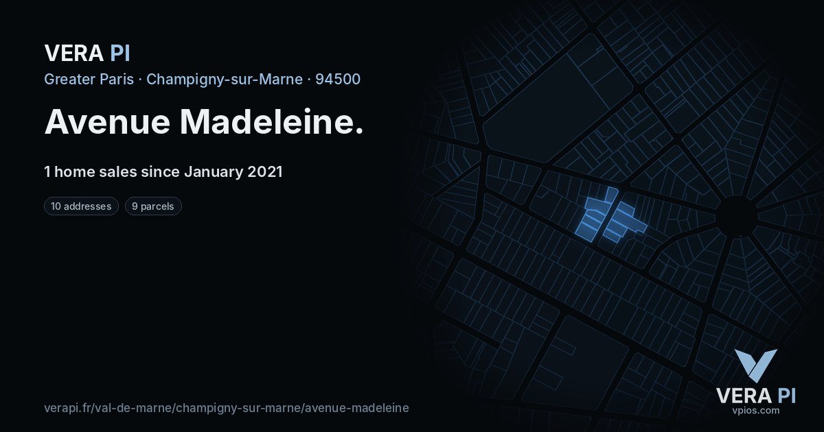Avenue Madeleine, Champigny-sur-Marne at night – every parcel coloured by the prices around it, the street's own parcels lit
