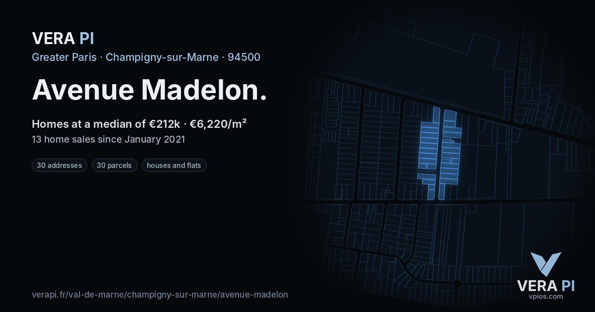 Avenue Madelon, Champigny-sur-Marne at night – every parcel coloured by the prices around it, the street's own parcels lit