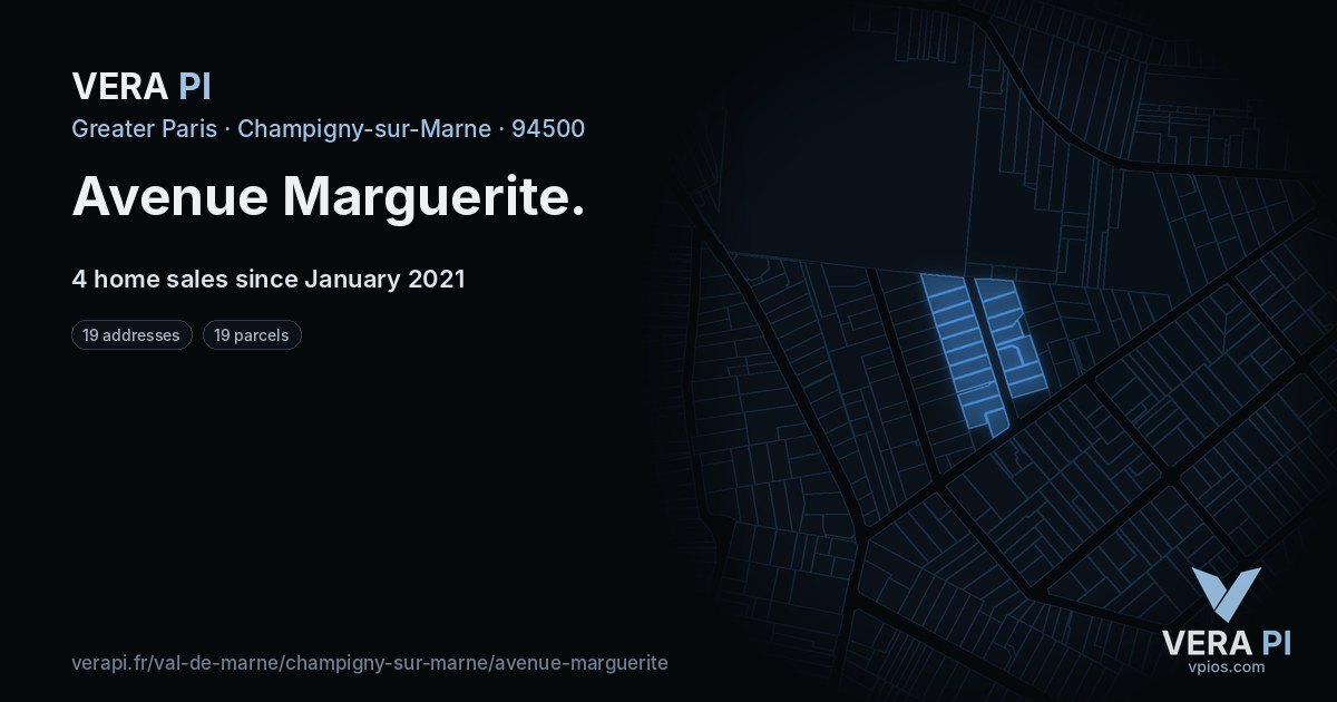 Avenue Marguerite, Champigny-sur-Marne at night – every parcel coloured by the prices around it, the street's own parcels lit