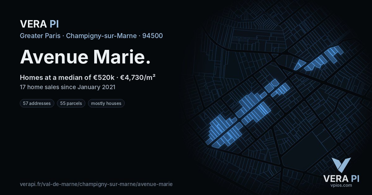 Avenue Marie, Champigny-sur-Marne at night – every parcel coloured by the prices around it, the street's own parcels lit