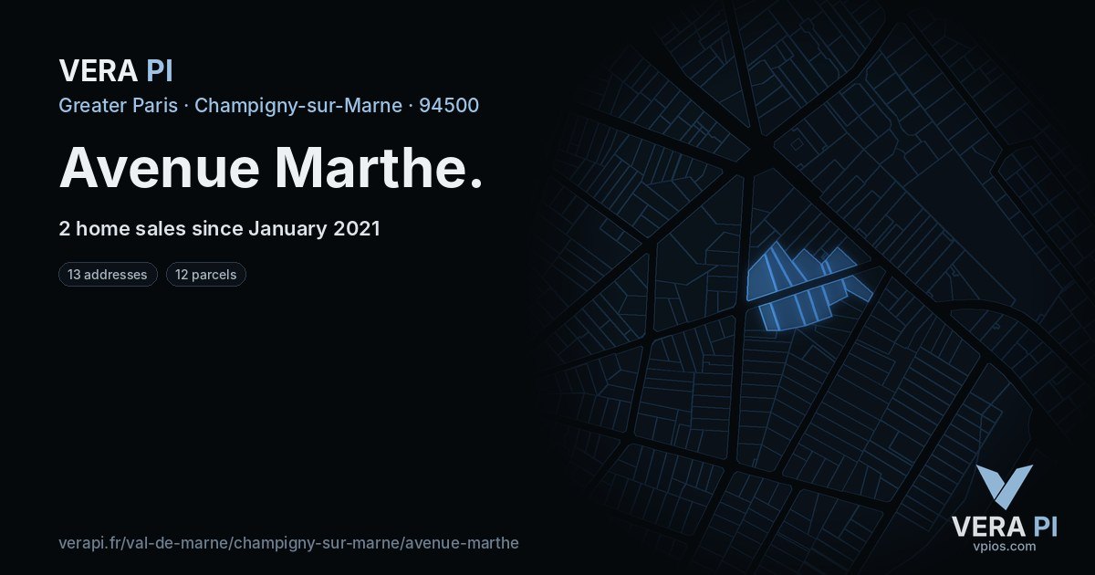 Avenue Marthe, Champigny-sur-Marne at night – every parcel coloured by the prices around it, the street's own parcels lit