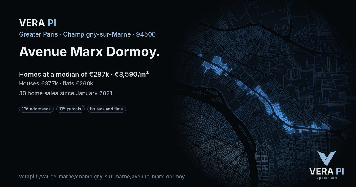 Avenue Marx Dormoy, Champigny-sur-Marne at night – every parcel coloured by the prices around it, the street's own parcels lit
