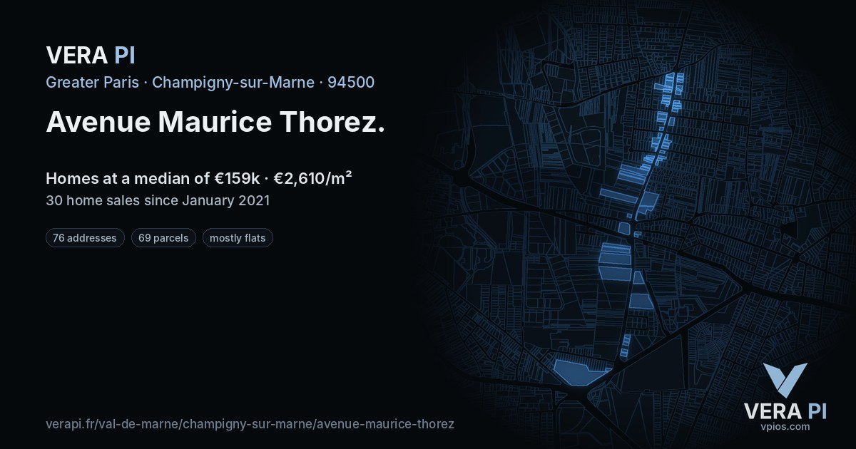 Avenue Maurice Thorez, Champigny-sur-Marne at night – every parcel coloured by the prices around it, the street's own parcels lit