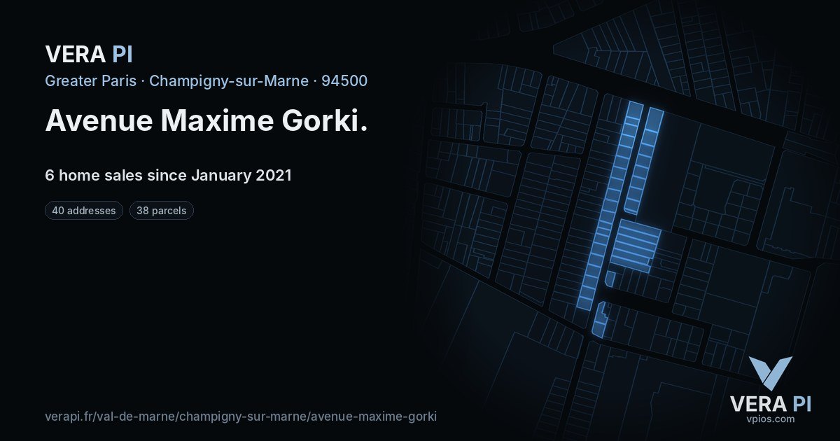 Avenue Maxime Gorki, Champigny-sur-Marne at night – every parcel coloured by the prices around it, the street's own parcels lit