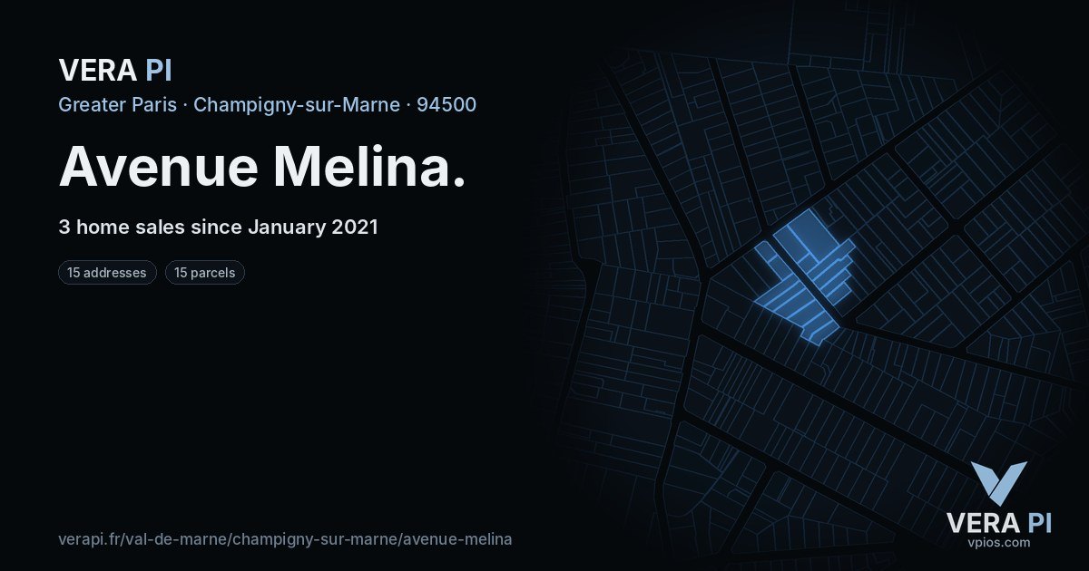 Avenue Melina, Champigny-sur-Marne at night – every parcel coloured by the prices around it, the street's own parcels lit