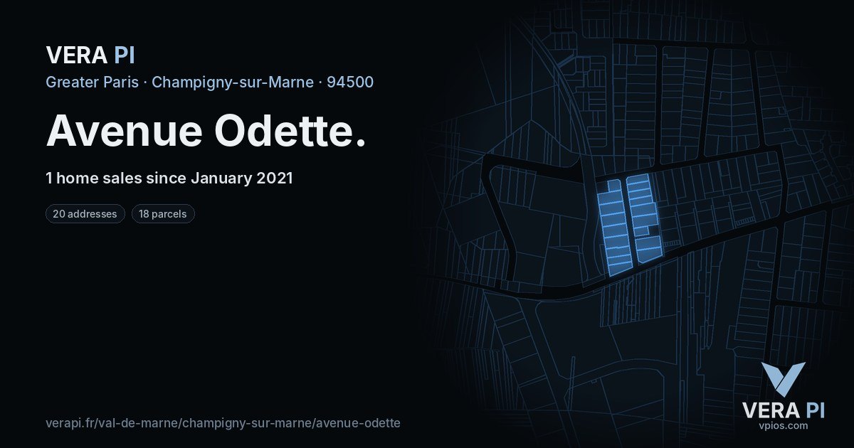 Avenue Odette, Champigny-sur-Marne at night – every parcel coloured by the prices around it, the street's own parcels lit