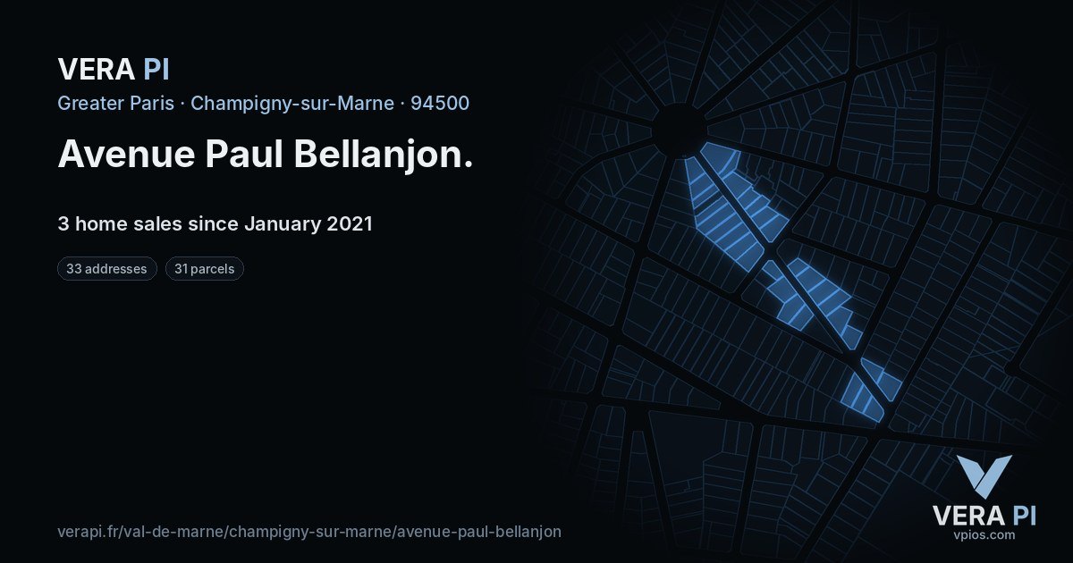 Avenue Paul Bellanjon, Champigny-sur-Marne at night – every parcel coloured by the prices around it, the street's own parcels lit