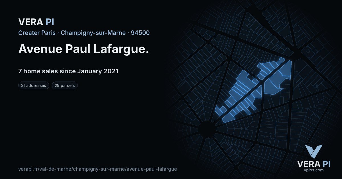 Avenue Paul Lafargue, Champigny-sur-Marne at night – every parcel coloured by the prices around it, the street's own parcels lit
