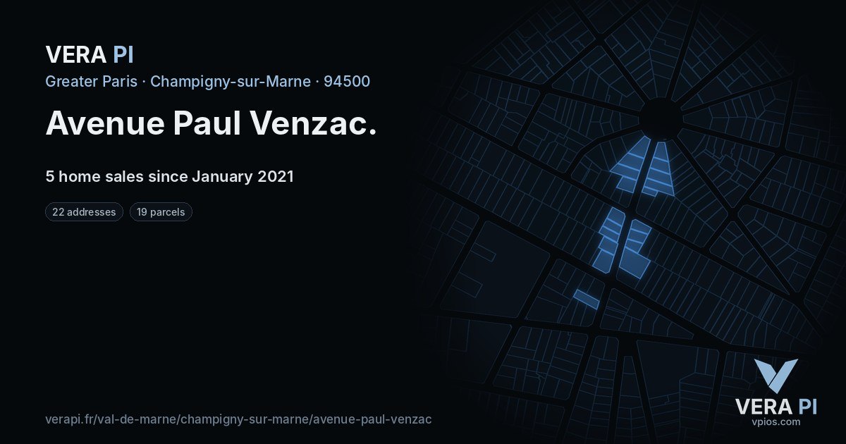 Avenue Paul Venzac, Champigny-sur-Marne at night – every parcel coloured by the prices around it, the street's own parcels lit