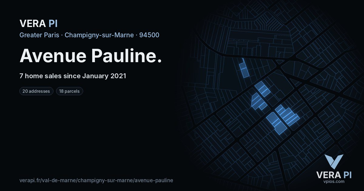 Avenue Pauline, Champigny-sur-Marne at night – every parcel coloured by the prices around it, the street's own parcels lit