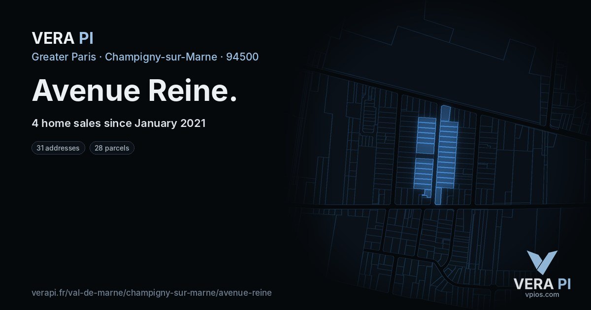 Avenue Reine, Champigny-sur-Marne at night – every parcel coloured by the prices around it, the street's own parcels lit