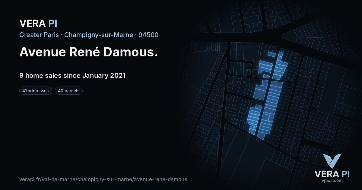 Avenue René Damous, Champigny-sur-Marne at night – every parcel coloured by the prices around it, the street's own parcels lit
