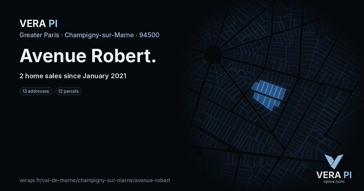 Avenue Robert, Champigny-sur-Marne at night – every parcel coloured by the prices around it, the street's own parcels lit