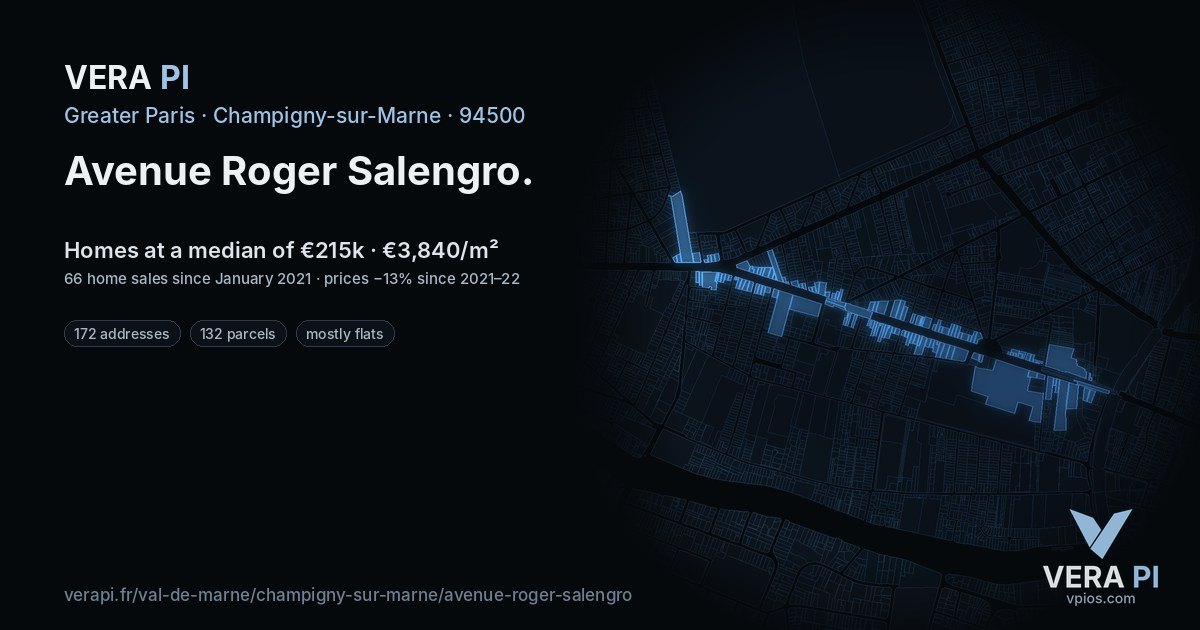 Avenue Roger Salengro, Champigny-sur-Marne at night – every parcel coloured by the prices around it, the street's own parcels lit
