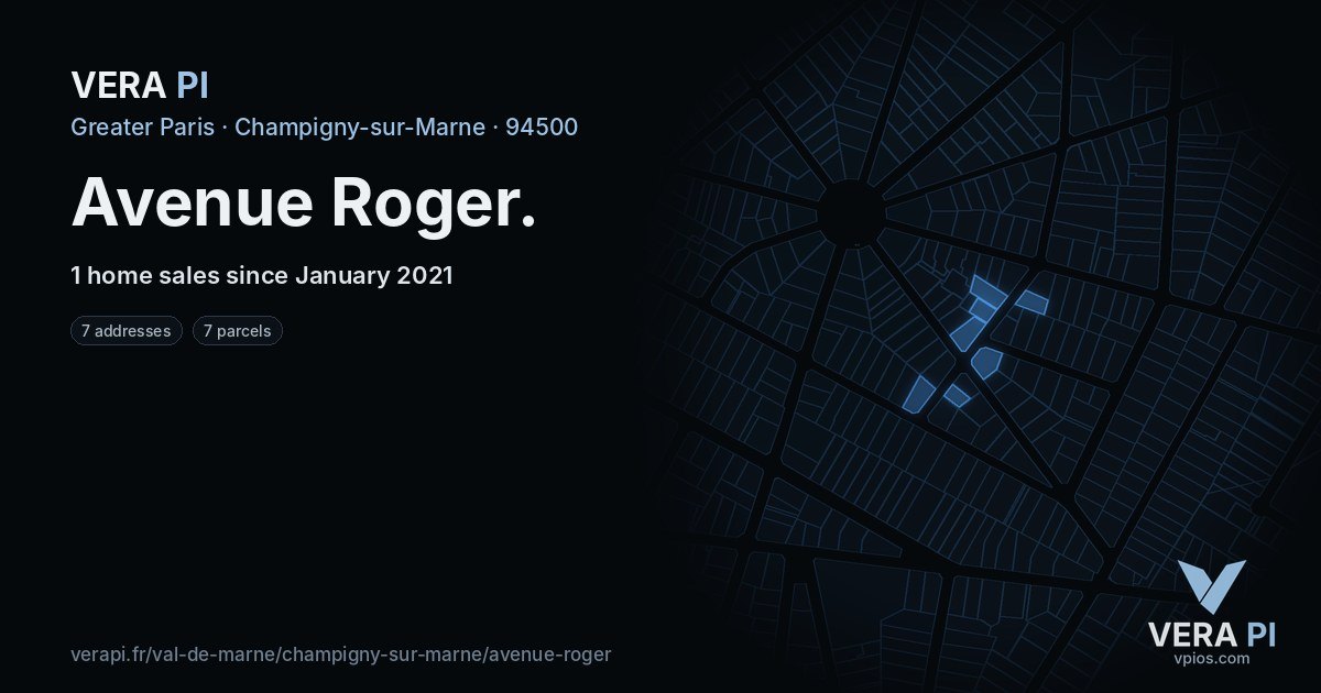 Avenue Roger, Champigny-sur-Marne at night – every parcel coloured by the prices around it, the street's own parcels lit
