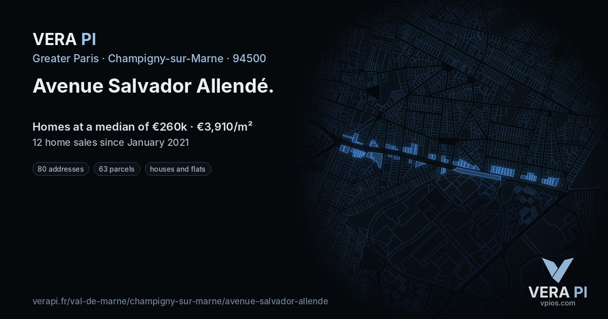 Avenue Salvador Allendé, Champigny-sur-Marne at night – every parcel coloured by the prices around it, the street's own parcels lit