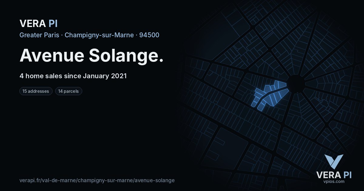 Avenue Solange, Champigny-sur-Marne at night – every parcel coloured by the prices around it, the street's own parcels lit
