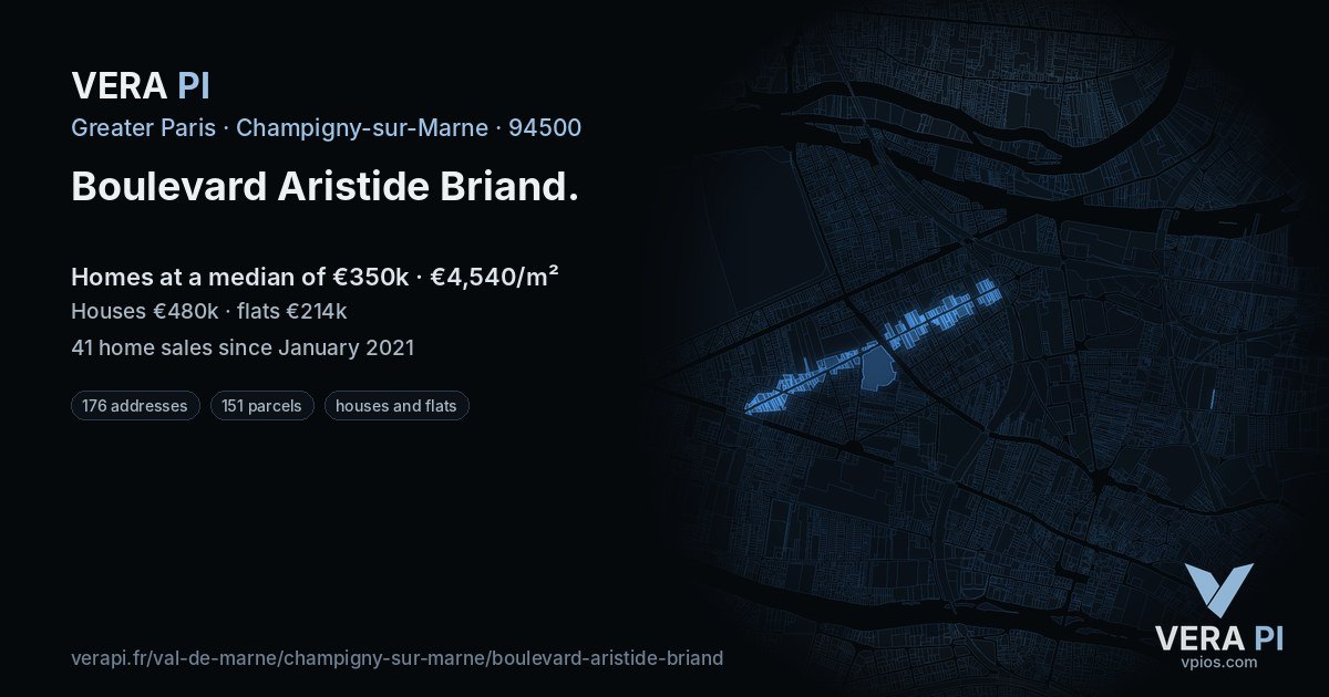 Boulevard Aristide Briand, Champigny-sur-Marne at night – every parcel coloured by the prices around it, the street's own parcels lit