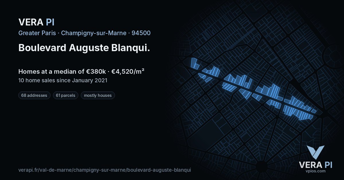 Boulevard Auguste Blanqui, Champigny-sur-Marne at night – every parcel coloured by the prices around it, the street's own parcels lit