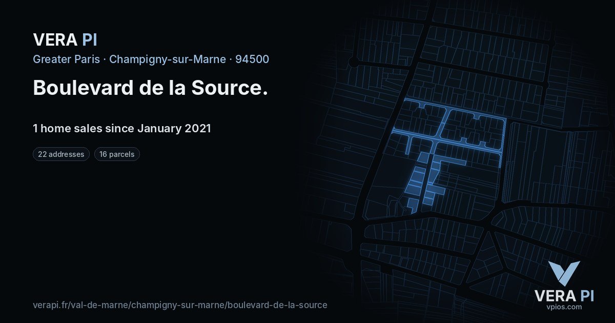 Boulevard de la Source, Champigny-sur-Marne at night – every parcel coloured by the prices around it, the street's own parcels lit