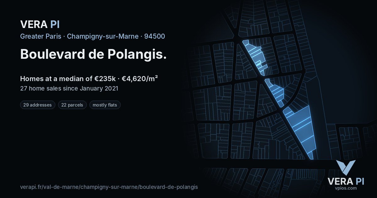 Boulevard de Polangis, Champigny-sur-Marne at night – every parcel coloured by the prices around it, the street's own parcels lit