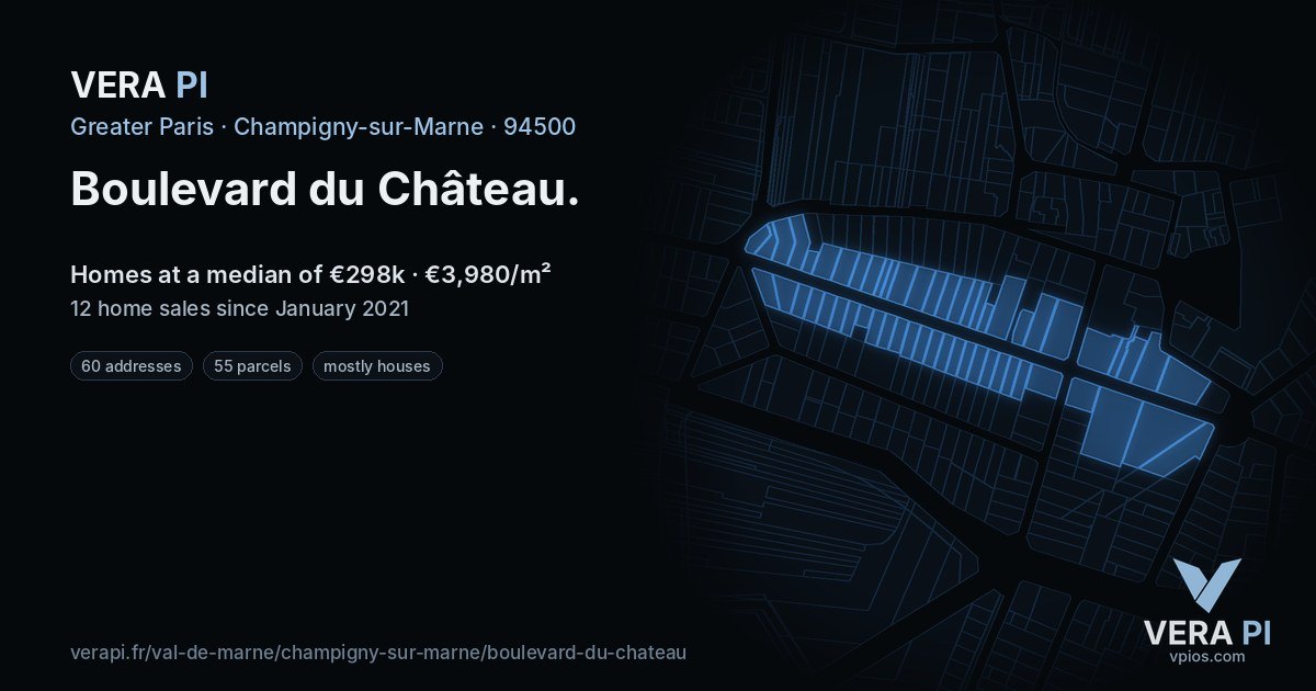 Boulevard du Château, Champigny-sur-Marne at night – every parcel coloured by the prices around it, the street's own parcels lit