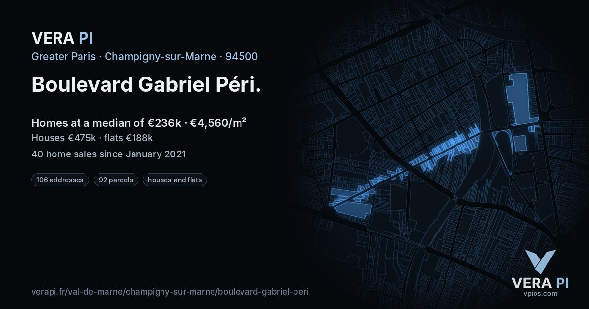Boulevard Gabriel Péri, Champigny-sur-Marne at night – every parcel coloured by the prices around it, the street's own parcels lit
