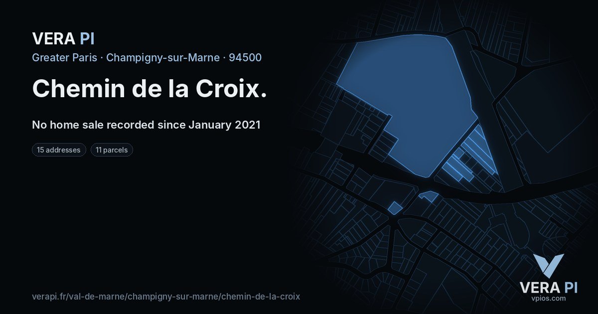 Chemin de la Croix, Champigny-sur-Marne at night – every parcel coloured by the prices around it, the street's own parcels lit