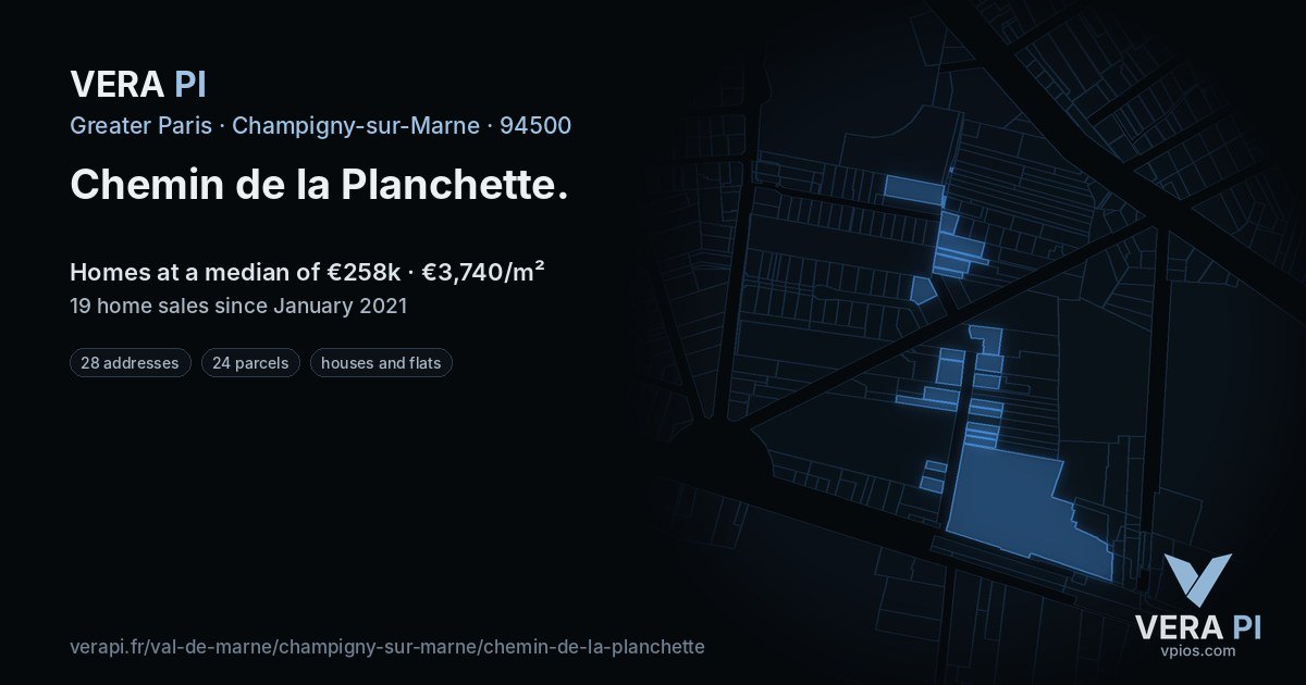 Chemin de la Planchette, Champigny-sur-Marne at night – every parcel coloured by the prices around it, the street's own parcels lit