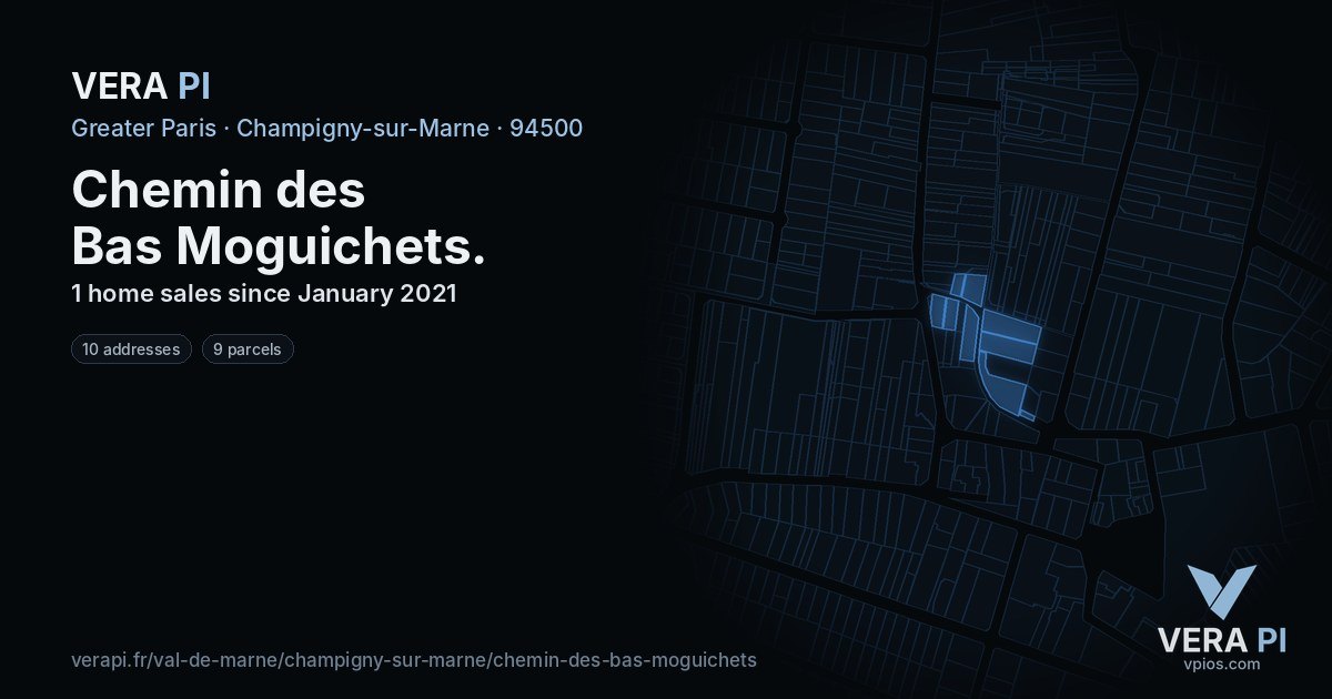 Chemin des Bas Moguichets, Champigny-sur-Marne at night – every parcel coloured by the prices around it, the street's own parcels lit