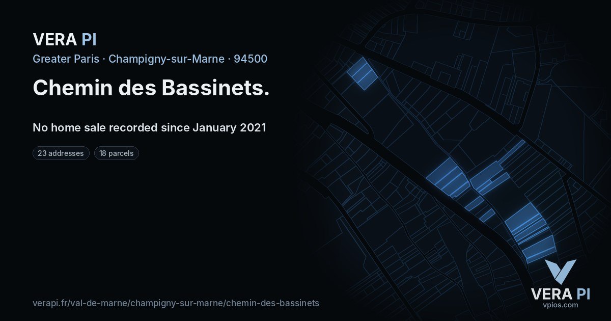 Chemin des Bassinets, Champigny-sur-Marne at night – every parcel coloured by the prices around it, the street's own parcels lit