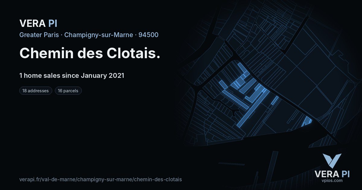 Chemin des Clotais, Champigny-sur-Marne at night – every parcel coloured by the prices around it, the street's own parcels lit