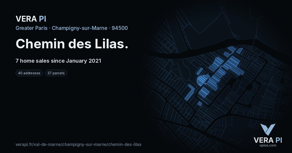 Chemin des Lilas, Champigny-sur-Marne at night – every parcel coloured by the prices around it, the street's own parcels lit