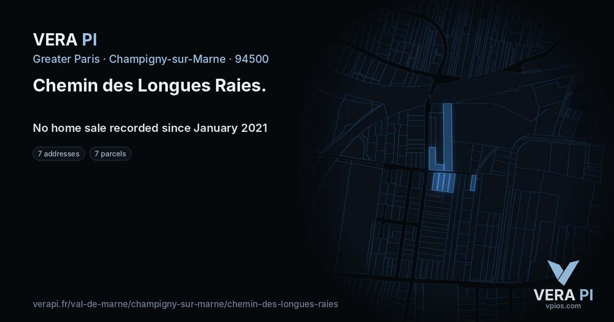 Chemin des Longues Raies, Champigny-sur-Marne at night – every parcel coloured by the prices around it, the street's own parcels lit