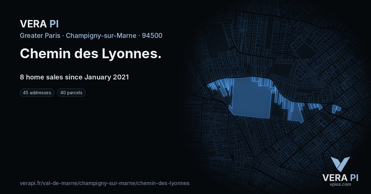 Chemin des Lyonnes, Champigny-sur-Marne at night – every parcel coloured by the prices around it, the street's own parcels lit
