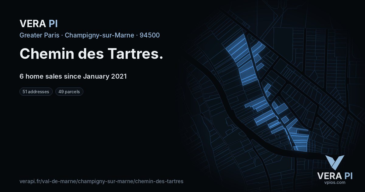Chemin des Tartres, Champigny-sur-Marne at night – every parcel coloured by the prices around it, the street's own parcels lit