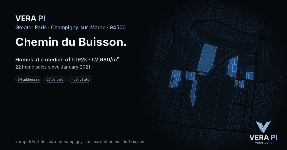 Chemin du Buisson, Champigny-sur-Marne at night – every parcel coloured by the prices around it, the street's own parcels lit
