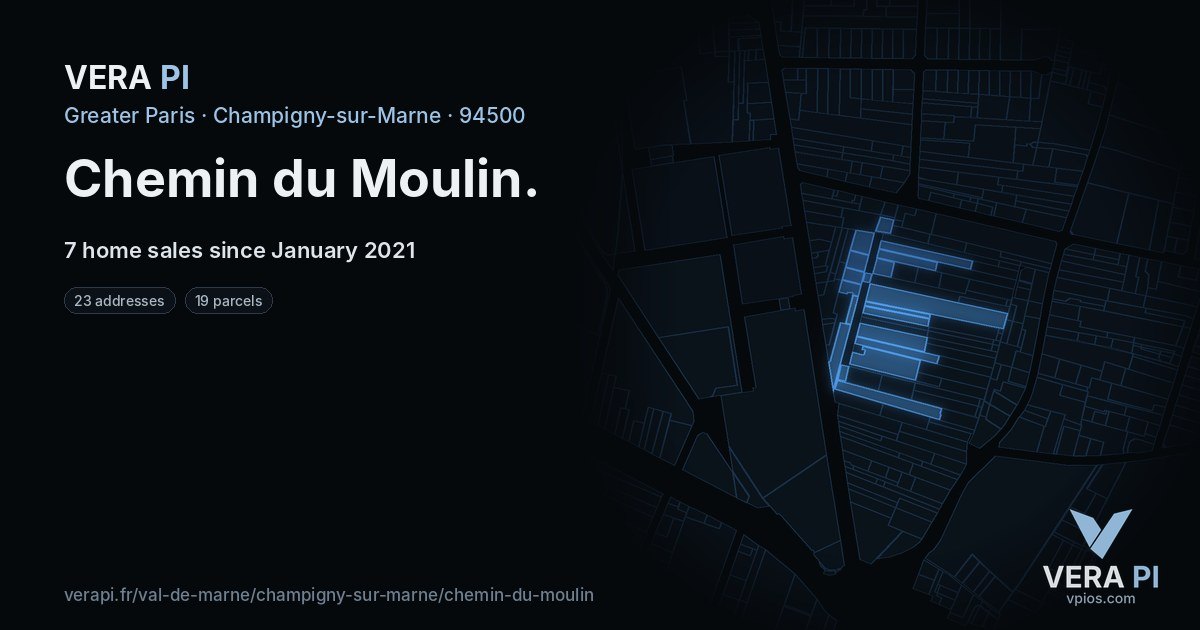 Chemin du Moulin, Champigny-sur-Marne at night – every parcel coloured by the prices around it, the street's own parcels lit