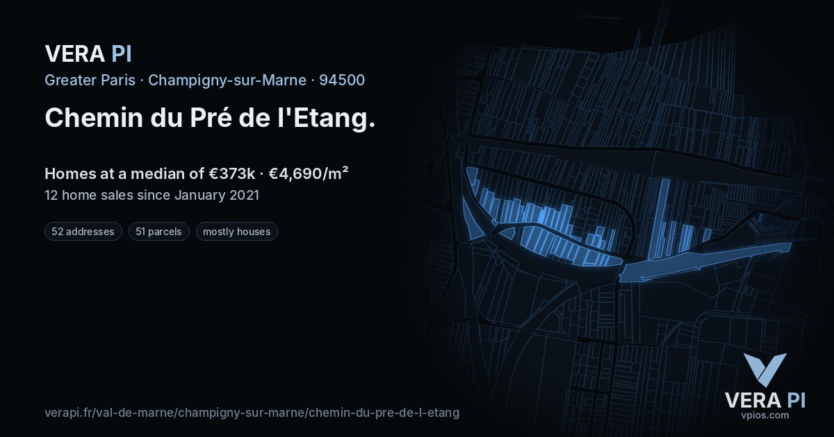 Chemin du Pré de l'Etang, Champigny-sur-Marne at night – every parcel coloured by the prices around it, the street's own parcels lit