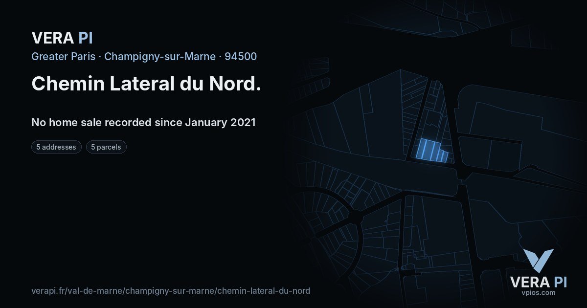 Chemin Lateral du Nord, Champigny-sur-Marne at night – every parcel coloured by the prices around it, the street's own parcels lit