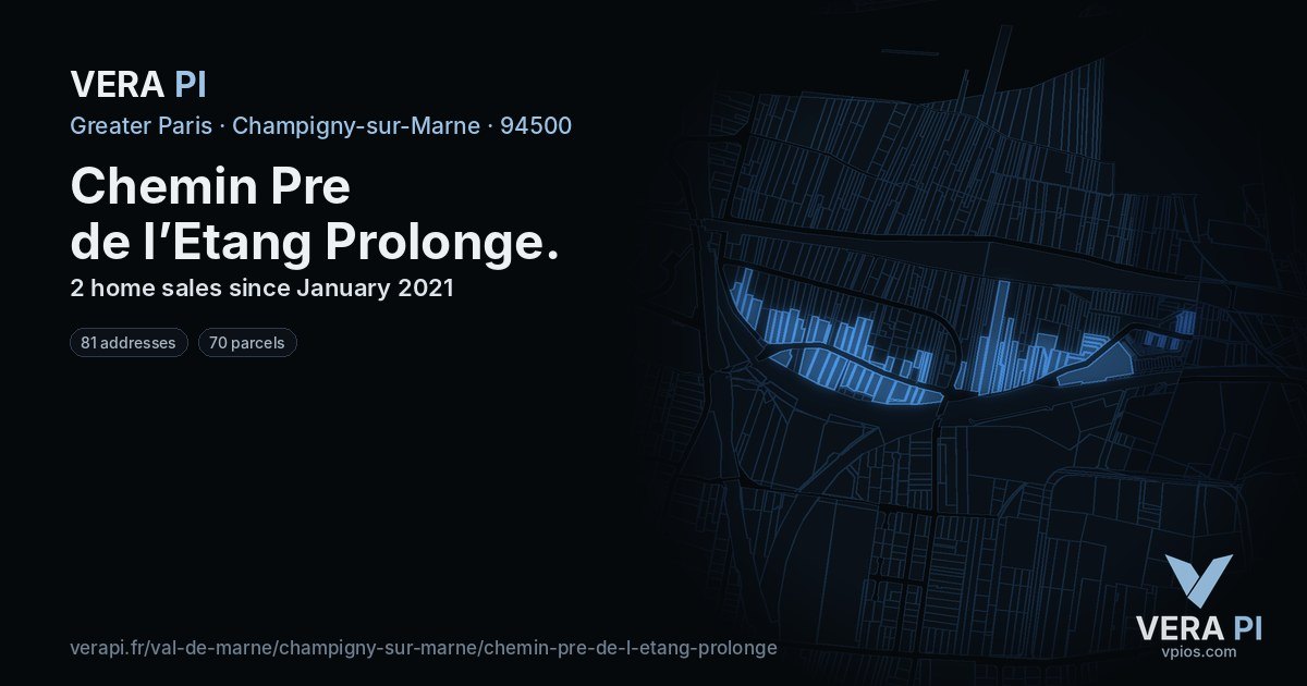 Chemin Pre de l’Etang Prolonge, Champigny-sur-Marne at night – every parcel coloured by the prices around it, the street's own parcels lit