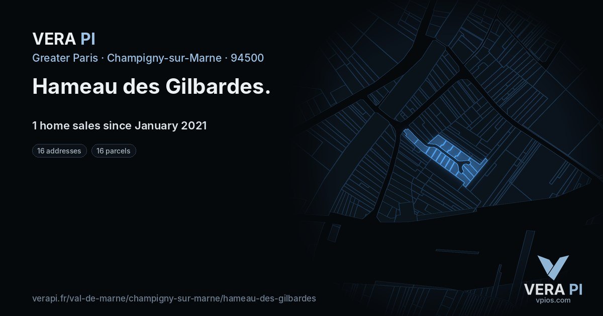 Hameau des Gilbardes, Champigny-sur-Marne at night – every parcel coloured by the prices around it, the street's own parcels lit