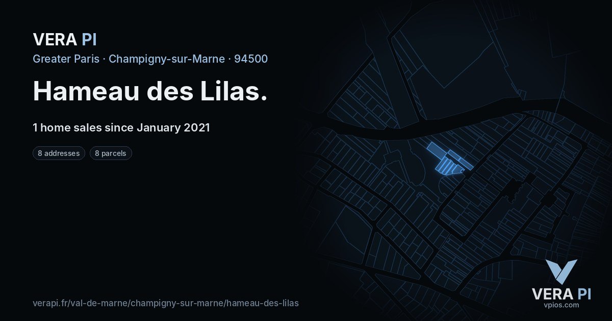 Hameau des Lilas, Champigny-sur-Marne at night – every parcel coloured by the prices around it, the street's own parcels lit
