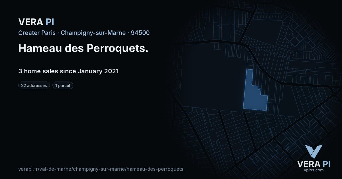 Hameau des Perroquets, Champigny-sur-Marne at night – every parcel coloured by the prices around it, the street's own parcels lit