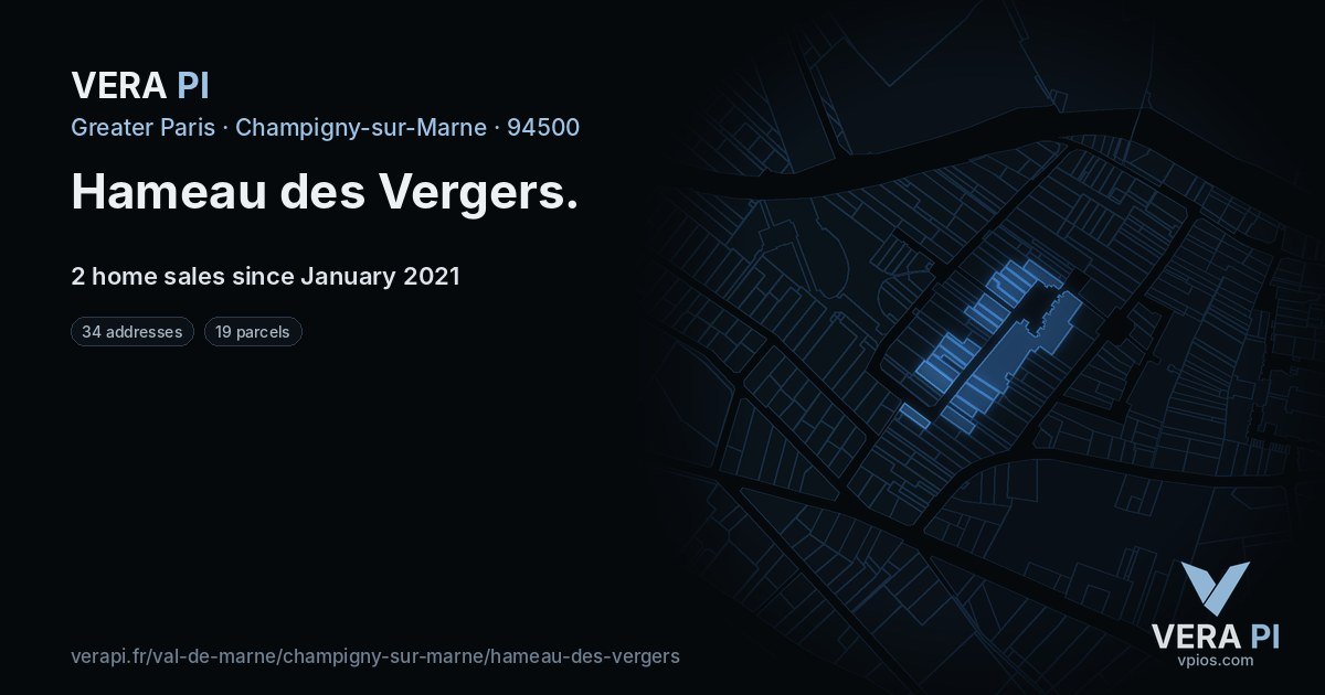 Hameau des Vergers, Champigny-sur-Marne at night – every parcel coloured by the prices around it, the street's own parcels lit