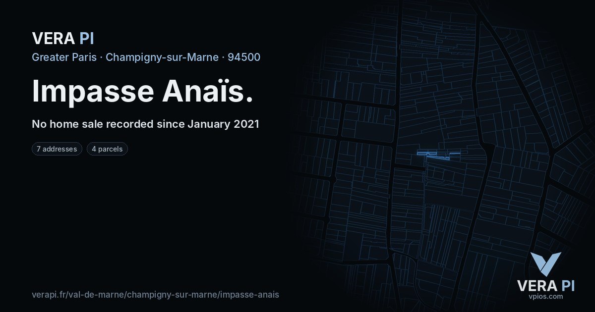 Impasse Anaïs, Champigny-sur-Marne at night – every parcel coloured by the prices around it, the street's own parcels lit